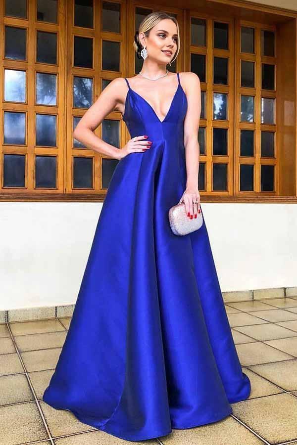 Dress A-Line Spaghetti Straps Floor Length Royal Blue Satin Prom Dress