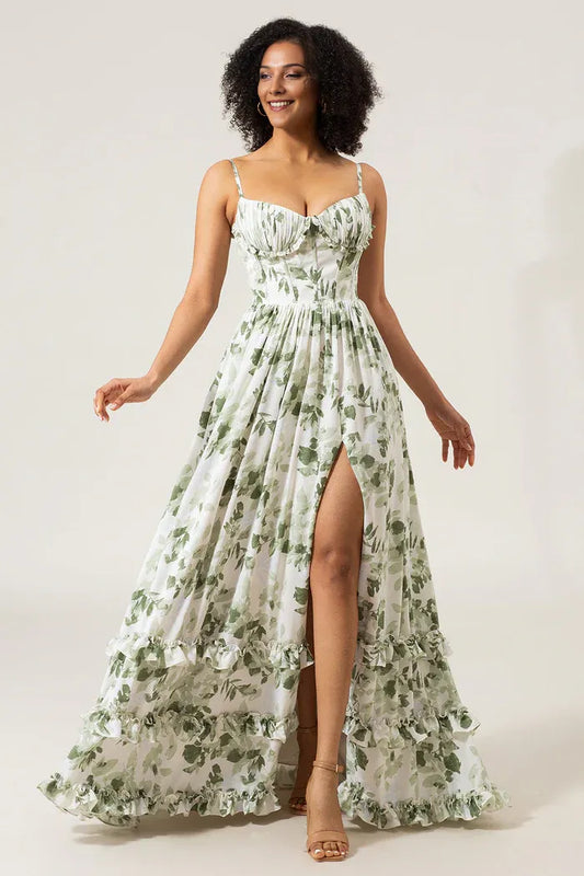Dress A-Line Spaghetti Straps Green Printed Party Dress Sleeveless Maxi Dress With Slit Prom Dress