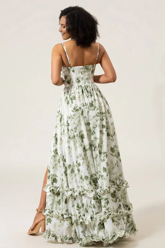 Dress A-Line Spaghetti Straps Green Printed Party Dress Sleeveless Maxi Dress With Slit Prom Dress