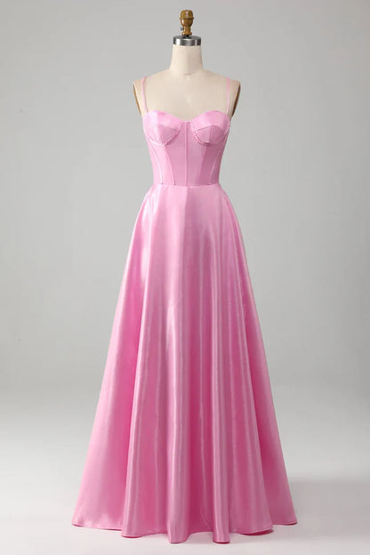Dress A-Line Spaghetti Straps Pink Corset Evening Dress Prom Dress