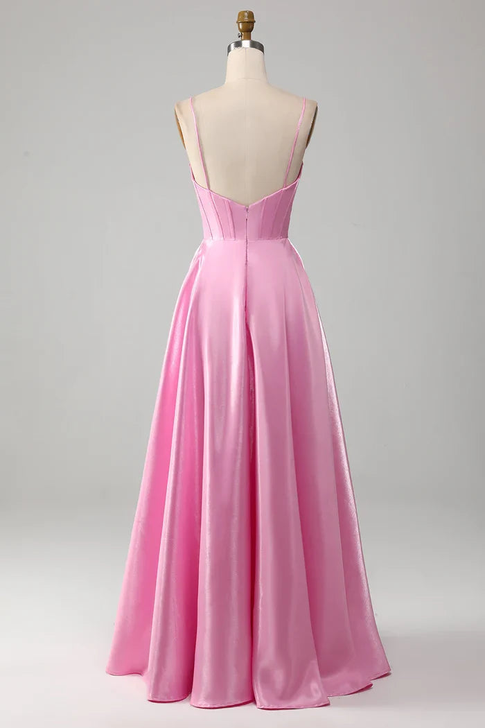 Dress A-Line Spaghetti Straps Pink Corset Evening Dress Prom Dress