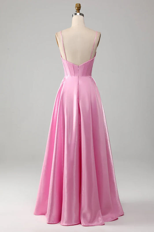 Dress A-Line Spaghetti Straps Pink Corset Evening Dress Prom Dress