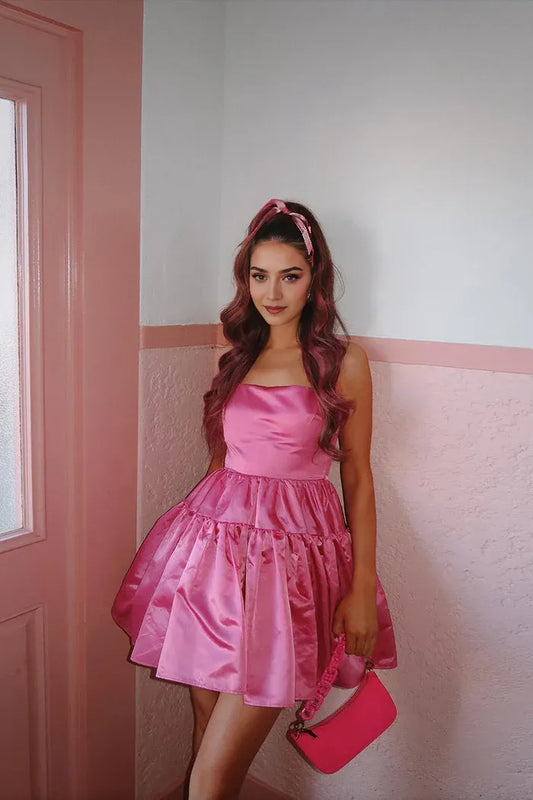 Dress A-Line Square-Neck Candy Pink Homecoming Dress Satin Sleeveless Lace-Up Back Party Dress