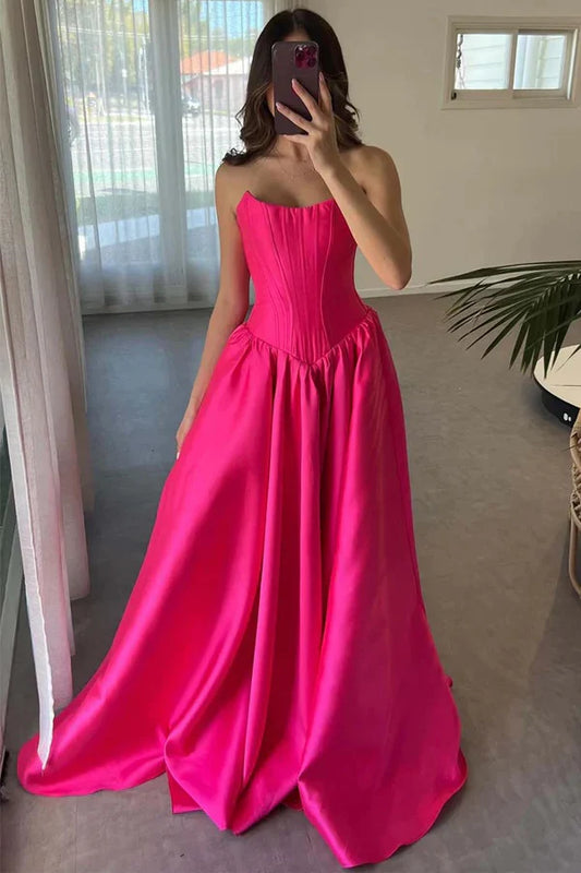 Dress A-Line Strapless Crew Neck Corset Satin Hot Pink Prom Dress