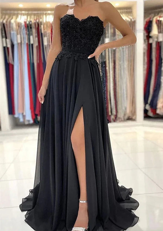 Dress A-Line Sweetheart Chiffon Party Dress/Evening Dress With Laced Beading Split and Sweep Train Prom Dress