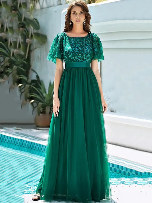Dress A-Line Tulle Party Dresses Short Sleeves Semi Scoop Formal Maxi Prom Dress
