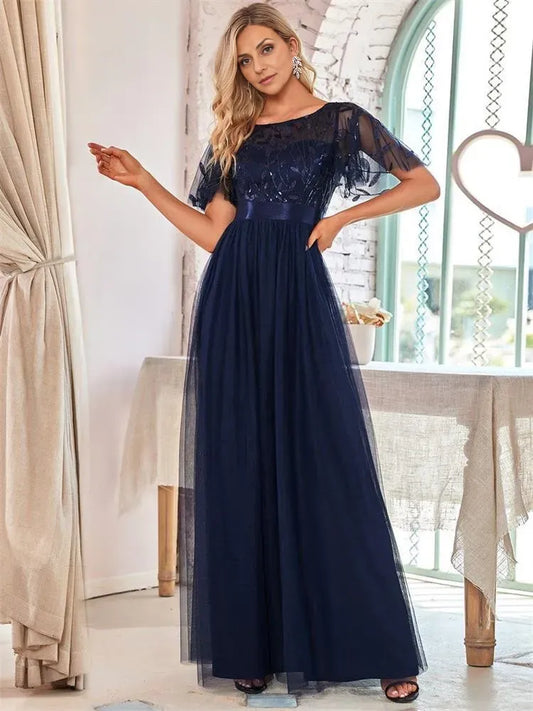 Dress A-Line Tulle Party Dresses Short Sleeves Semi Scoop Formal Maxi Prom Dress