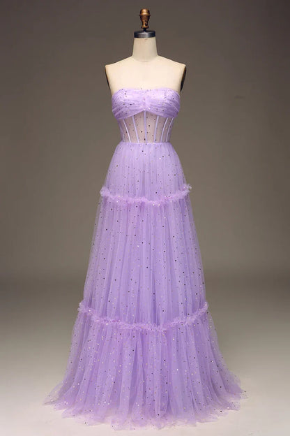 Dress A-Line Tulle Strapless Purple Corset Prom Dress Maxi Dress Zipper Sleeveless Party Dress