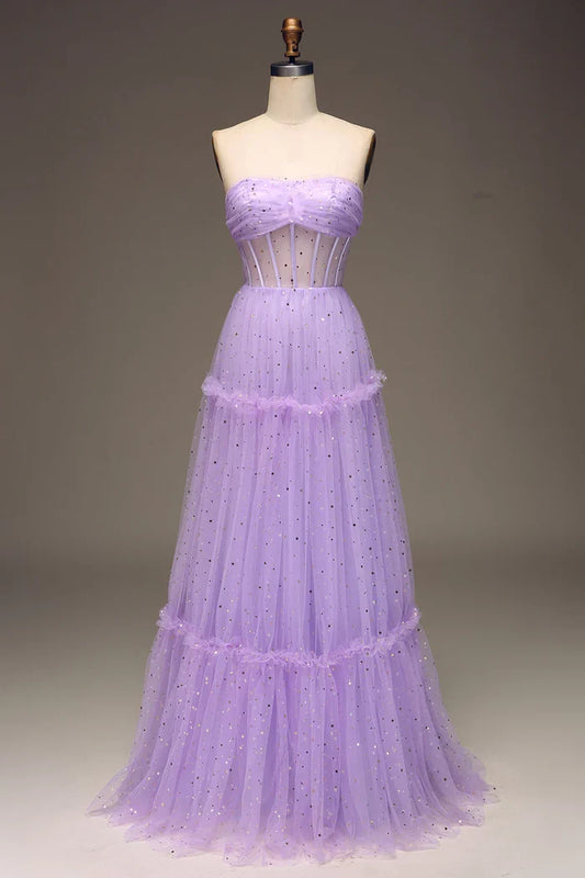 Dress A-Line Tulle Strapless Purple Corset Prom Dress Maxi Dress Zipper Sleeveless Party Dress