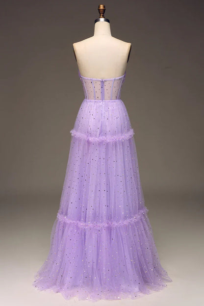 Dress A-Line Tulle Strapless Purple Corset Prom Dress Maxi Dress Zipper Sleeveless Party Dress