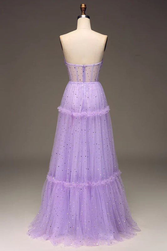 Dress A-Line Tulle Strapless Purple Corset Prom Dress Maxi Dress Zipper Sleeveless Party Dress