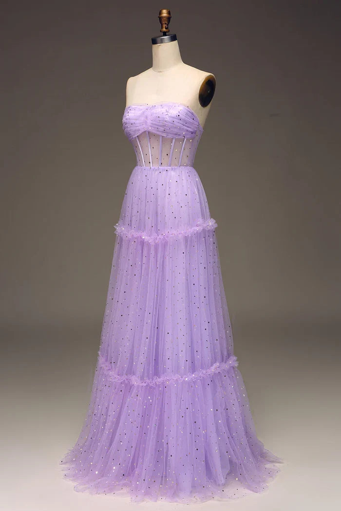 Dress A-Line Tulle Strapless Purple Corset Prom Dress Maxi Dress Zipper Sleeveless Party Dress