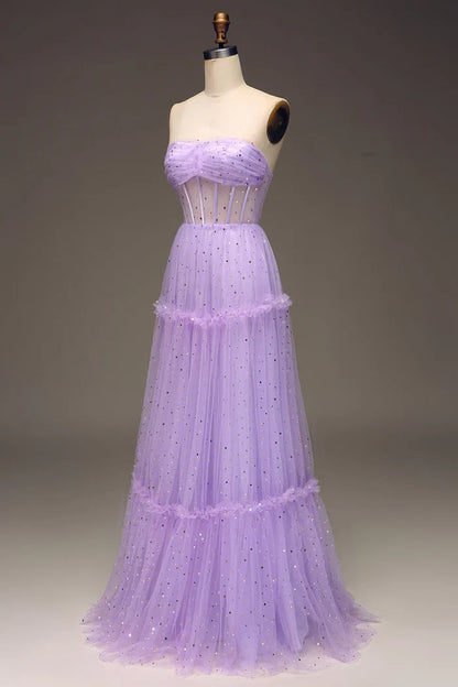 Dress A-Line Tulle Strapless Purple Corset Prom Dress Maxi Dress Zipper Sleeveless Party Dress