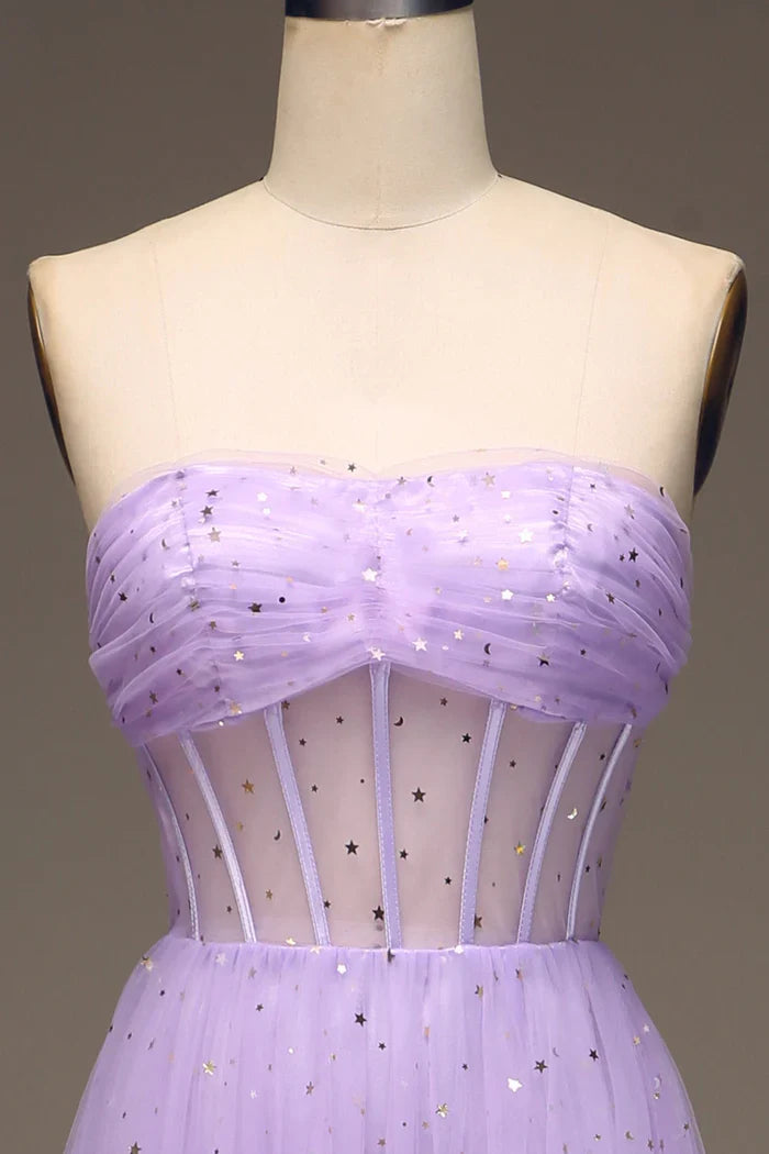 Dress A-Line Tulle Strapless Purple Corset Prom Dress Maxi Dress Zipper Sleeveless Party Dress