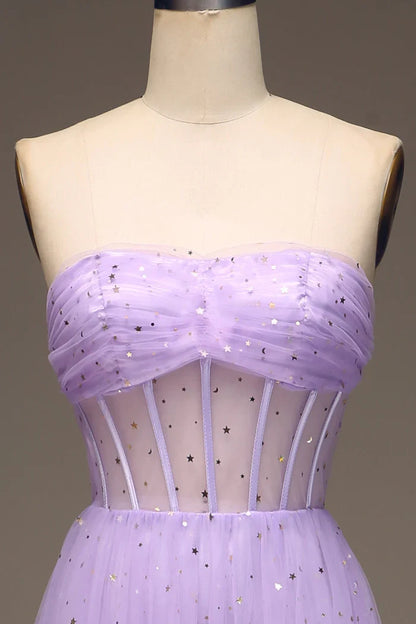 Dress A-Line Tulle Strapless Purple Corset Prom Dress Maxi Dress Zipper Sleeveless Party Dress