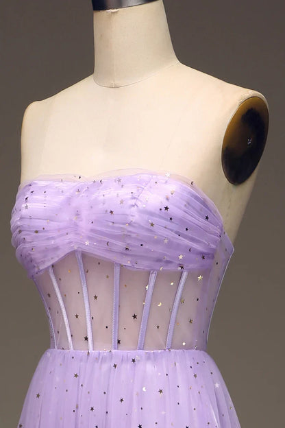 Dress A-Line Tulle Strapless Purple Corset Prom Dress Maxi Dress Zipper Sleeveless Party Dress
