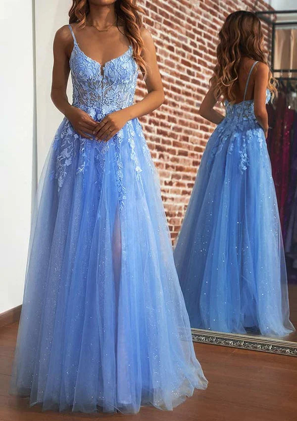 Dress A-Line V-Neck Long/Floor-Length Tulle Party Dress/Evening Dress With Split Glitter Sparkles Prom Dress