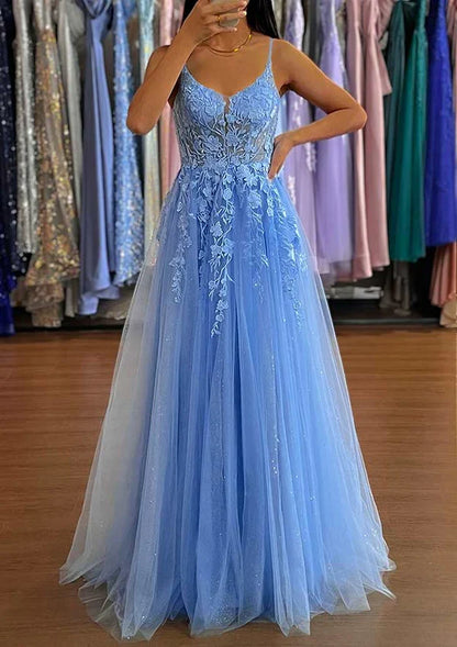 Dress A-Line V-Neck Long/Floor-Length Tulle Party Dress/Evening Dress With Split Glitter Sparkles Prom Dress