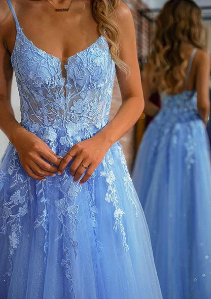 Dress A-Line V-Neck Long/Floor-Length Tulle Party Dress/Evening Dress With Split Glitter Sparkles Prom Dress