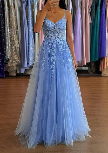 Dress A-Line V-Neck Long/Floor-Length Tulle Party Dress/Evening Dress With Split Glitter Sparkles Prom Dress