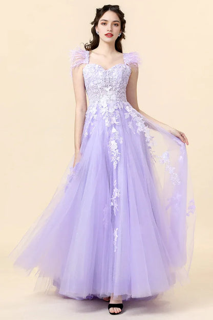 Dress A-Line Wide Straps Purple Appliques Maxi Dress Prom Dress Classic Lace Up Party Dress
