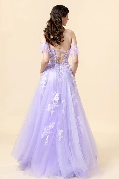Dress A-Line Wide Straps Purple Appliques Maxi Dress Prom Dress Classic Lace Up Party Dress