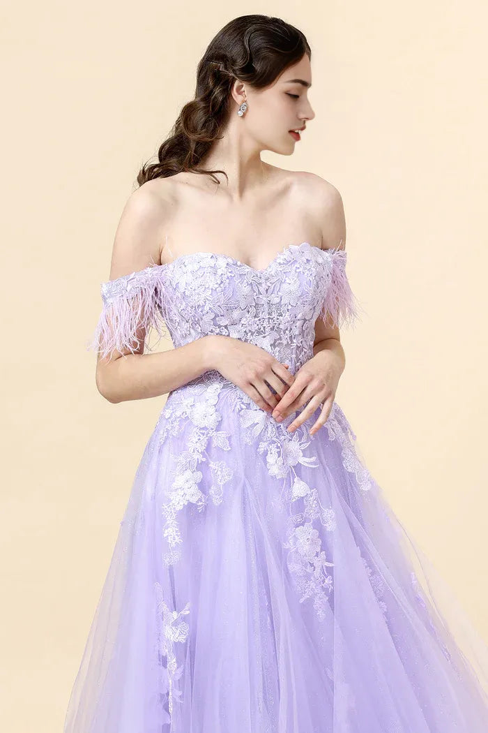 Dress A-Line Wide Straps Purple Appliques Maxi Dress Prom Dress Classic Lace Up Party Dress