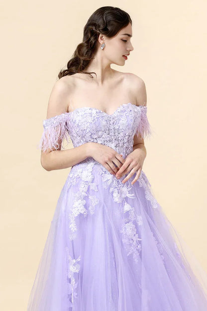 Dress A-Line Wide Straps Purple Appliques Maxi Dress Prom Dress Classic Lace Up Party Dress