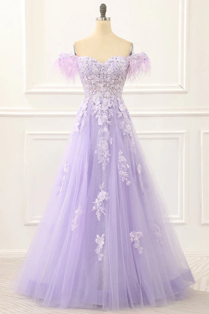 Dress A-Line Wide Straps Purple Appliques Maxi Dress Prom Dress Classic Lace Up Party Dress