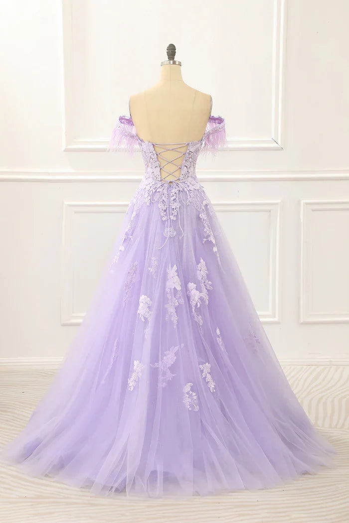 Dress A-Line Wide Straps Purple Appliques Maxi Dress Prom Dress Classic Lace Up Party Dress