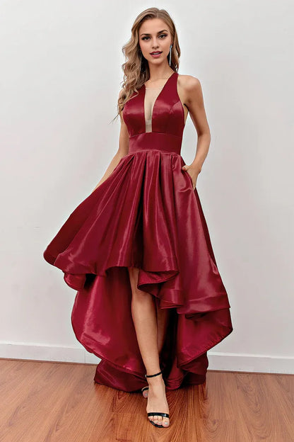 Dress A-line Burgundy High Low Party Dress With Pockets Sleeveless Prom Dress