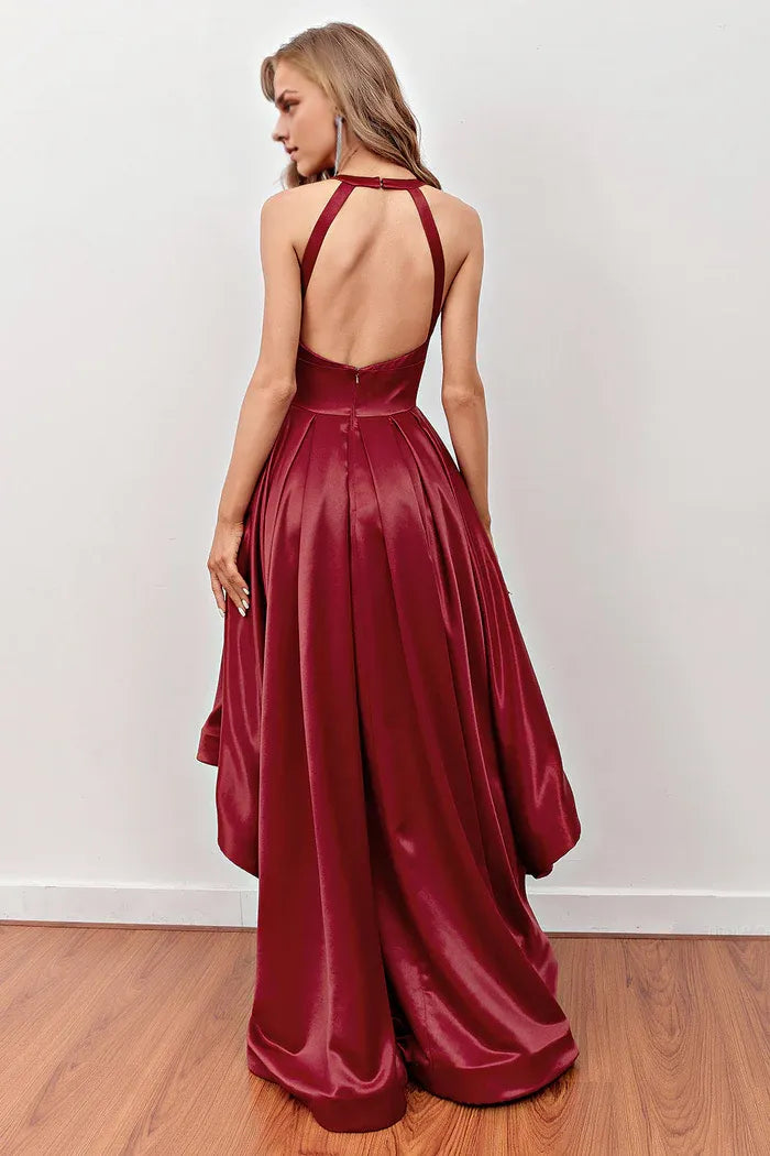 Dress A-line Burgundy High Low Party Dress With Pockets Sleeveless Prom Dress