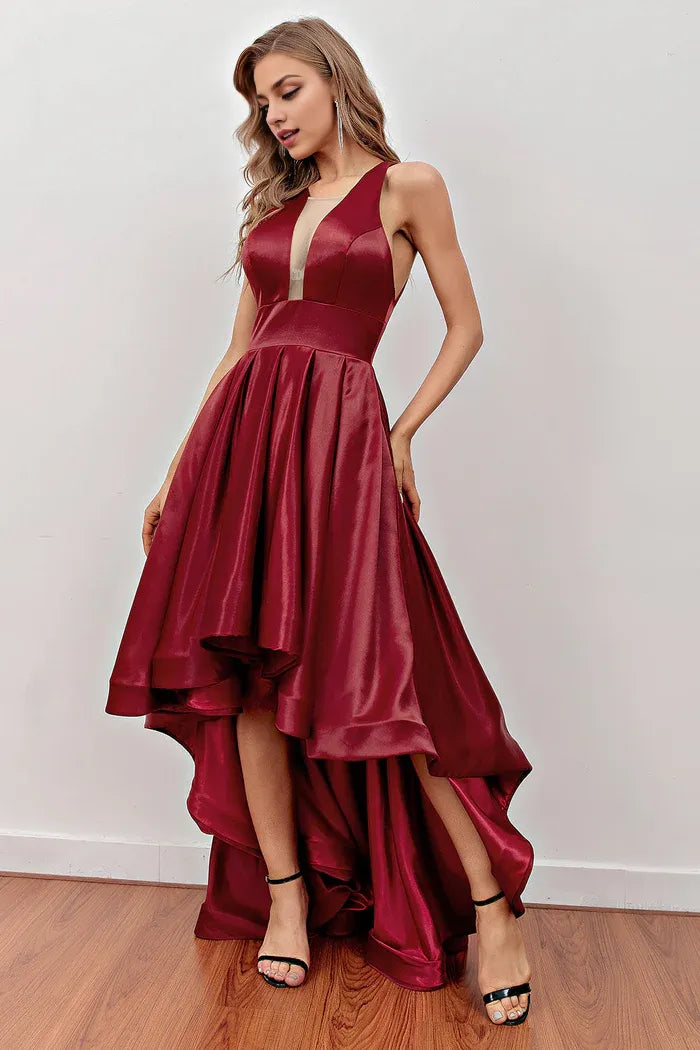 Dress A-line Burgundy High Low Party Dress With Pockets Sleeveless Prom Dress