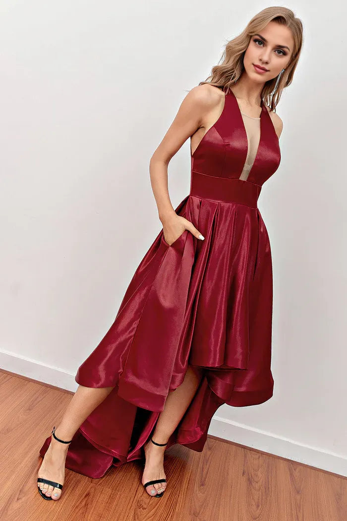 Dress A-line Burgundy High Low Party Dress With Pockets Sleeveless Prom Dress