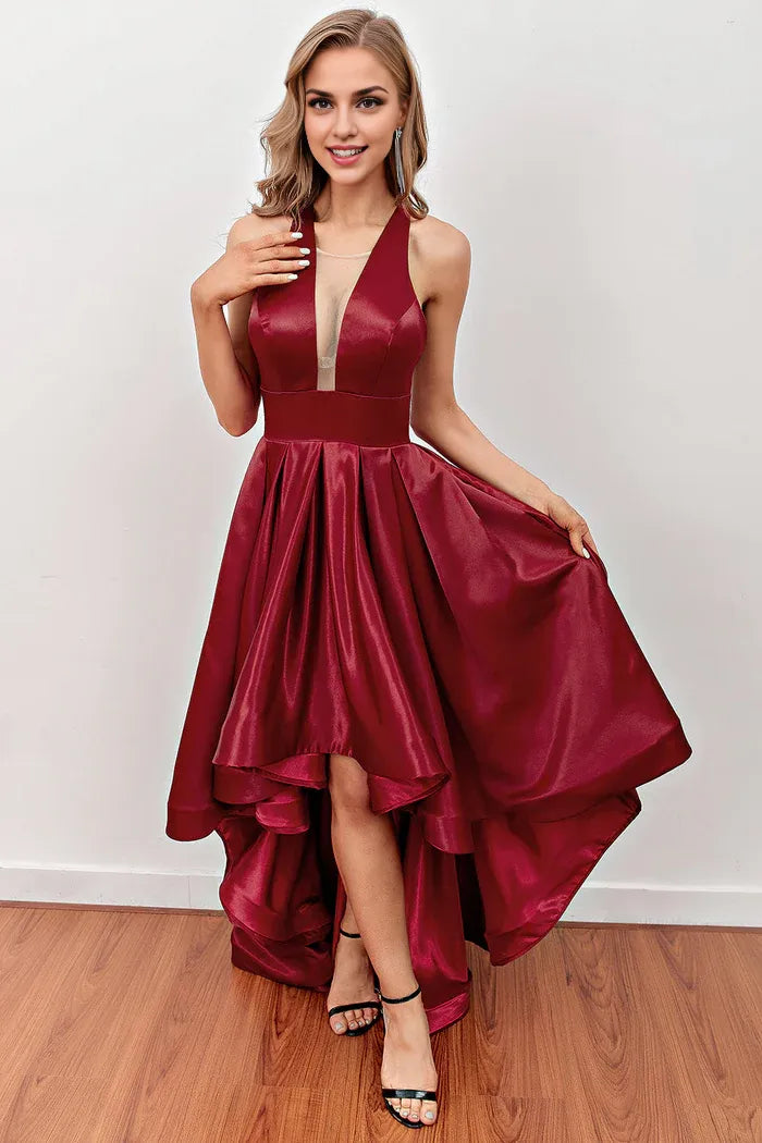 Dress A-line Burgundy High Low Party Dress With Pockets Sleeveless Prom Dress