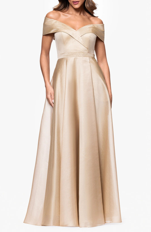 Dress A-line Champagne Satin Off Shoulder Maxi Dress with V Neckline and Flared Dress Prom Dress