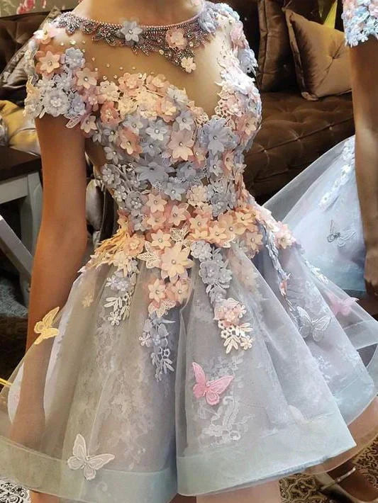 Dress A-line Chic 3D Floral Scoop Short Sleeve Short Party Dress Prom Dress Homecoming Dress
