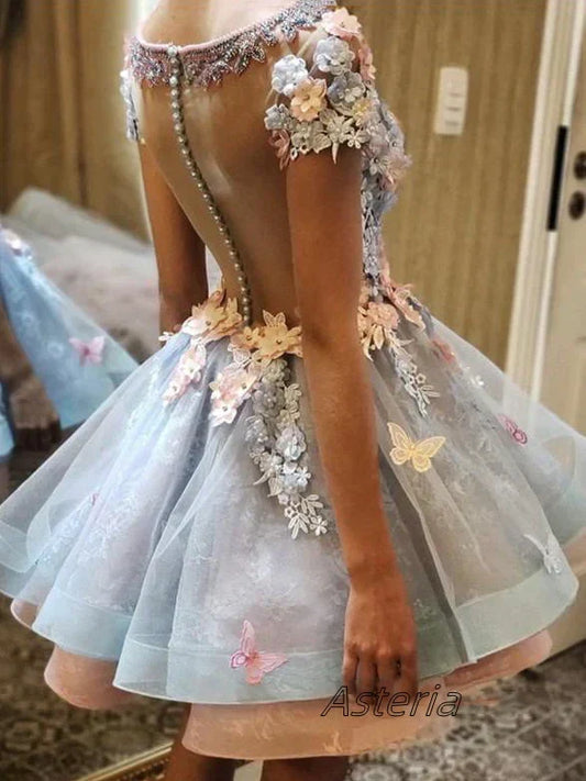 Dress A-line Chic 3D Floral Scoop Short Sleeve Short Party Dress Prom Dress Homecoming Dress