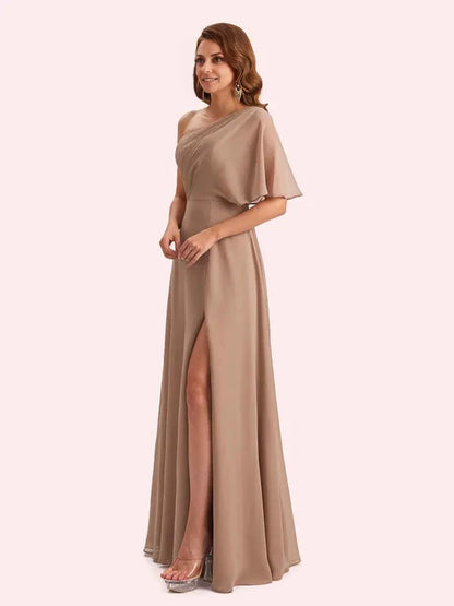 Dress A-line Chiffon One Shoulder Long Mother of the Brides Dresses With Slit