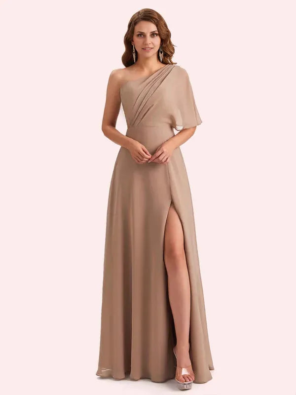 Dress A-line Chiffon One Shoulder Long Mother of the Brides Dresses With Slit