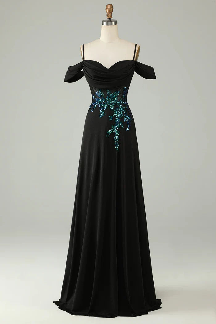 Dress A-line Cold Shoulder Black Sequins Corset Spaghetti Straps Long Party Dress Prom Dress