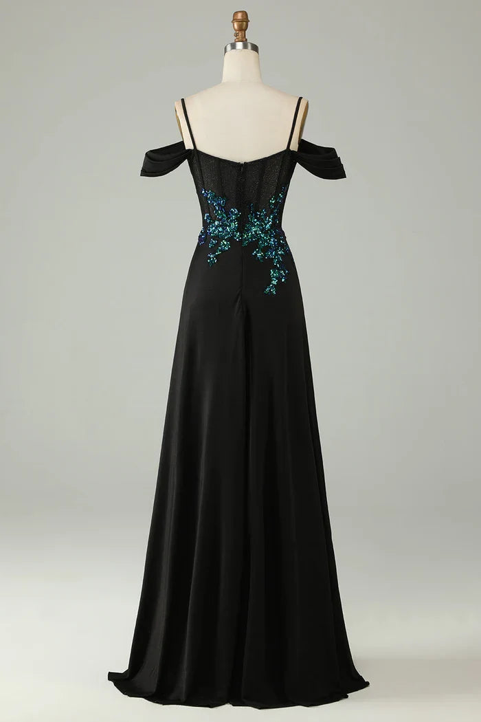 Dress A-line Cold Shoulder Black Sequins Corset Spaghetti Straps Long Party Dress Prom Dress