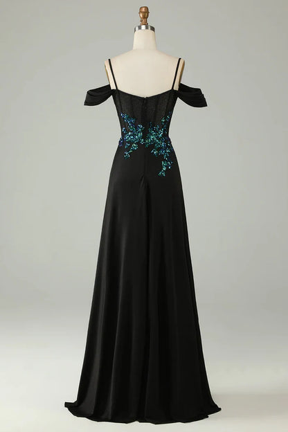 Dress A-line Cold Shoulder Black Sequins Corset Spaghetti Straps Long Party Dress Prom Dress