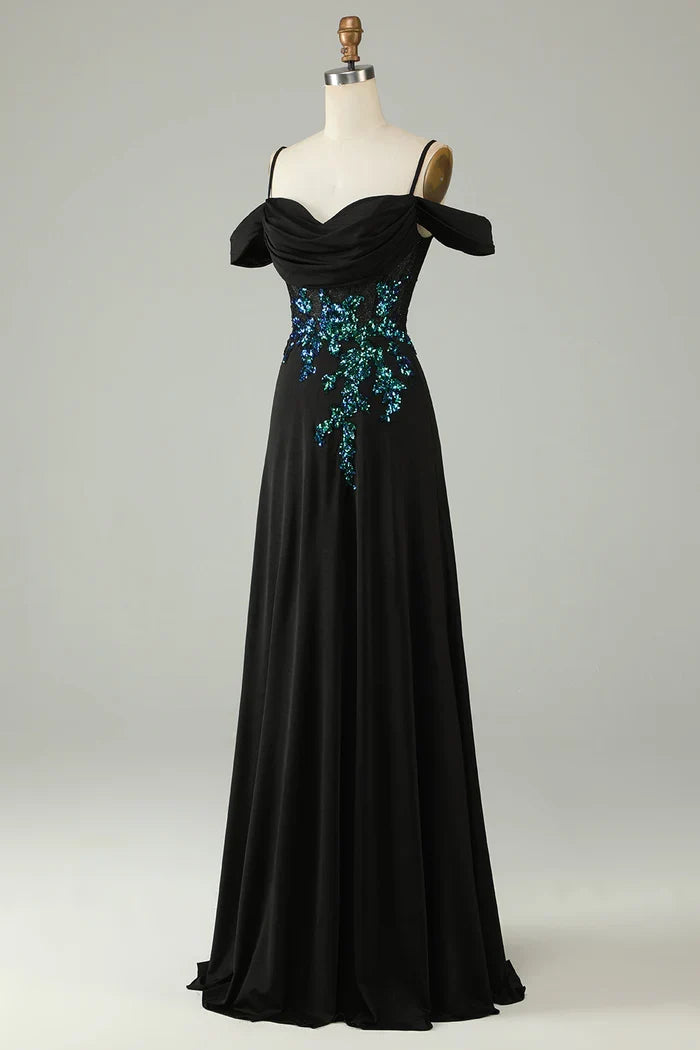 Dress A-line Cold Shoulder Black Sequins Corset Spaghetti Straps Long Party Dress Prom Dress