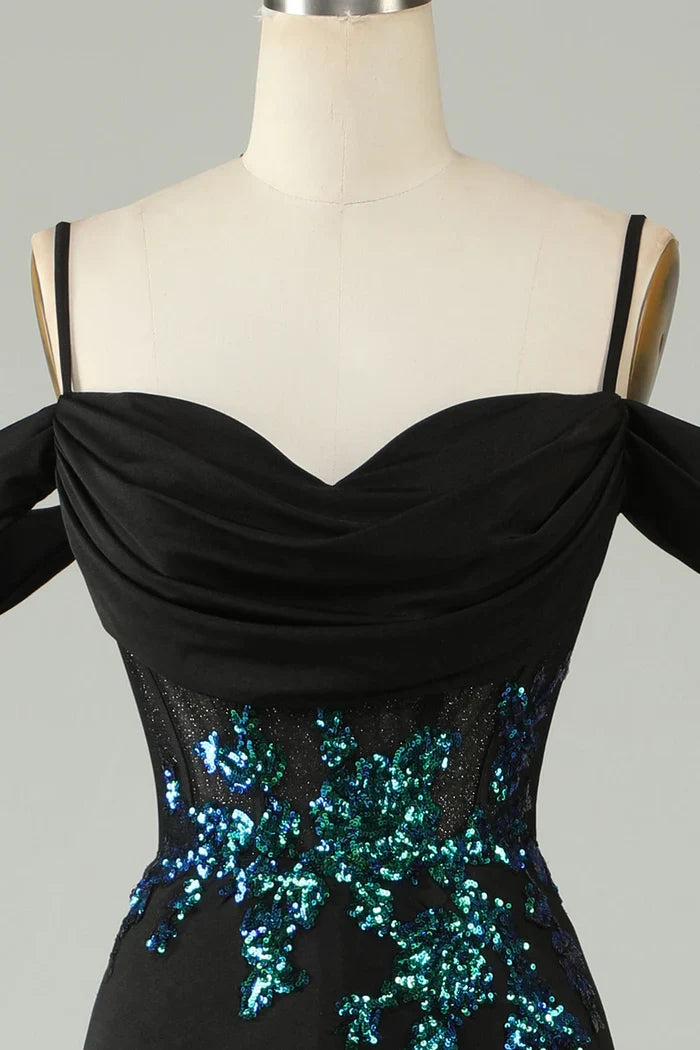 Dress A-line Cold Shoulder Black Sequins Corset Spaghetti Straps Long Party Dress Prom Dress