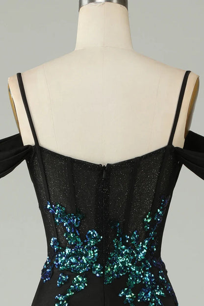 Dress A-line Cold Shoulder Black Sequins Corset Spaghetti Straps Long Party Dress Prom Dress
