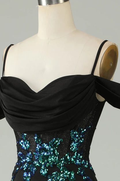 Dress A-line Cold Shoulder Black Sequins Corset Spaghetti Straps Long Party Dress Prom Dress