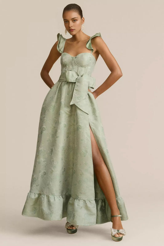 Dress A-line Corset Ruffle Side-Slit Prom Dress Light Green Maxi Dress With Romantic Bow-Tie Belt
