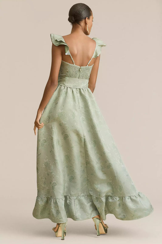 Dress A-line Corset Ruffle Side-Slit Prom Dress Light Green Maxi Dress With Romantic Bow-Tie Belt