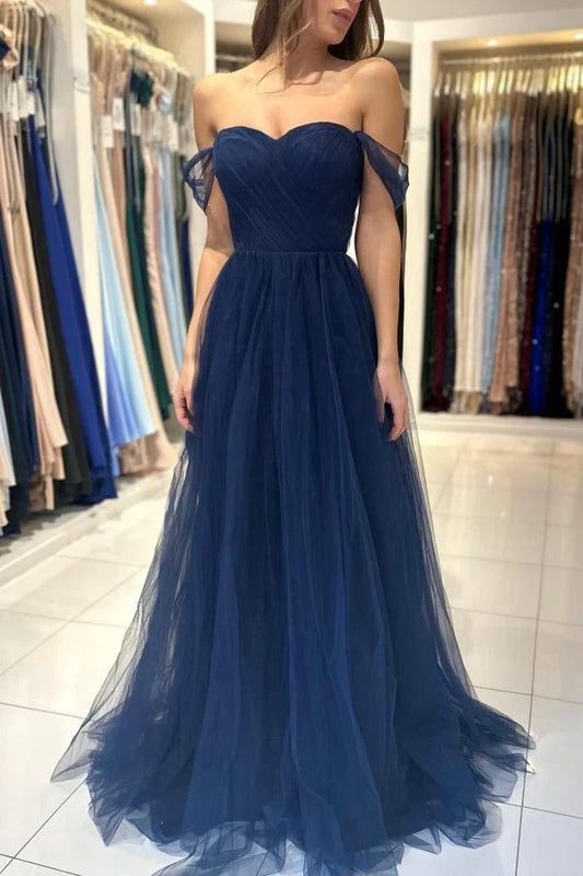 Dress A-line Dark Navy Tulle Evening Dress Long Off-the-Shoulder Sleeveless Prom Dress
